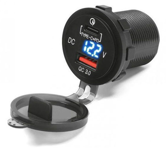 Obrazek Gniazdo USB Quick Charge oraz TYP-C gniazdo podwójne z woltomierzem montaż w owiewkę