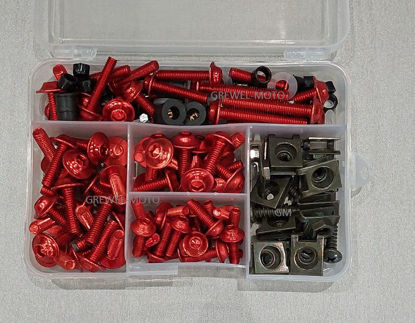 Obrazek Zestaw śrub owiewki CZERWONY blaszki montażowe aluminiowe śrubki do owiewek śruby owiewki