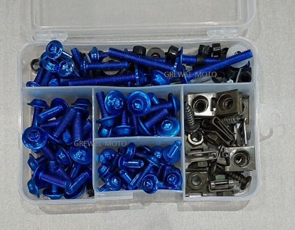 Obrazek Zestaw śrub owiewki NIEBIESKI blaszki montażowe aluminiowe śrubki do owiewek śruby owiewki