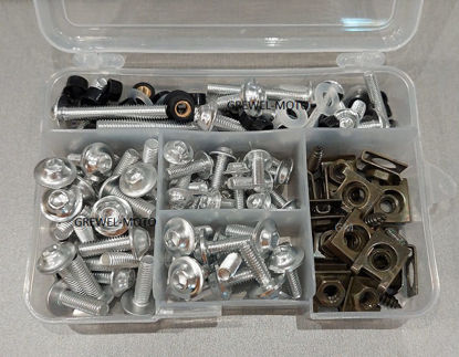 Obrazek Zestaw śrub owiewki SREBRNY blaszki montażowe aluminiowe śrubki do owiewek śruby owiewki